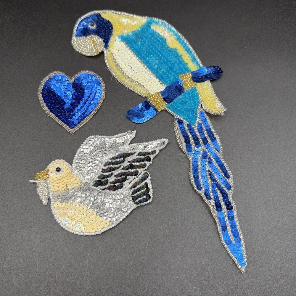 VTG Parrot, Peace Dove, And Heart Beads & Sequins Sew-On Appliqué Patches *READ